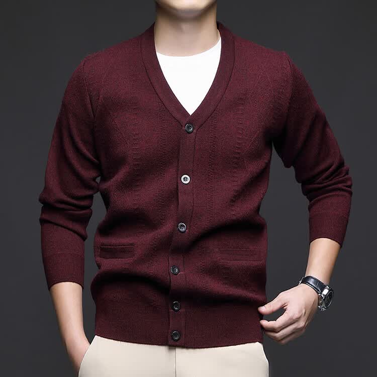 Hengyuanxiang Men's Knitted Cardigan Jacket Autumn Winter Middle-aged Solid Color Long Sleeve V-neck Button Sweater Light Camel L 31