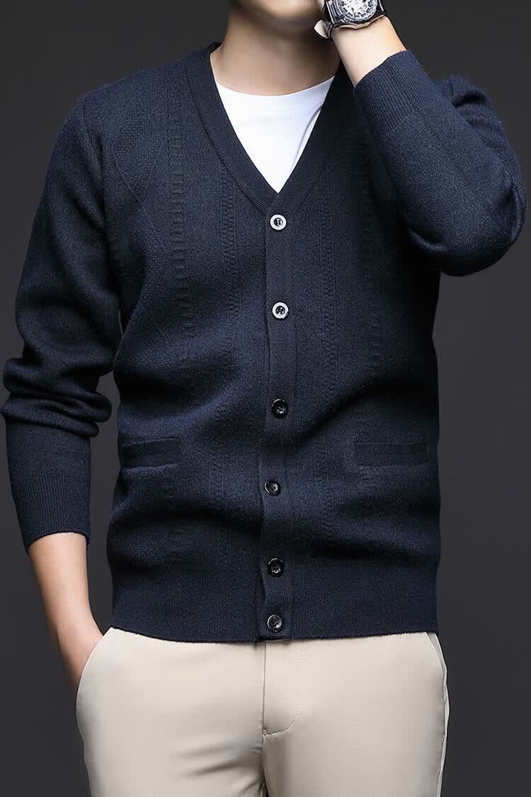 Hengyuanxiang Men's Knitted Cardigan Jacket Autumn Winter Middle-aged Solid Color Long Sleeve V-neck Button Sweater Light Camel L 22