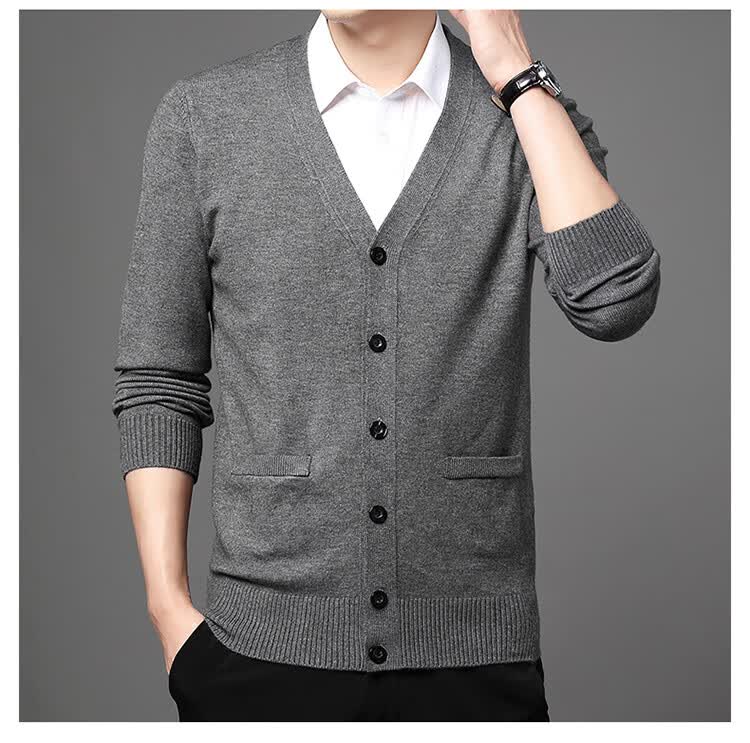 Hengyuanxiang Men's Knitted Cardigan Jacket Middle-aged and Elderly Autumn Winter Plus Size Thick Long Sleeve Sweater Light Gray L 10