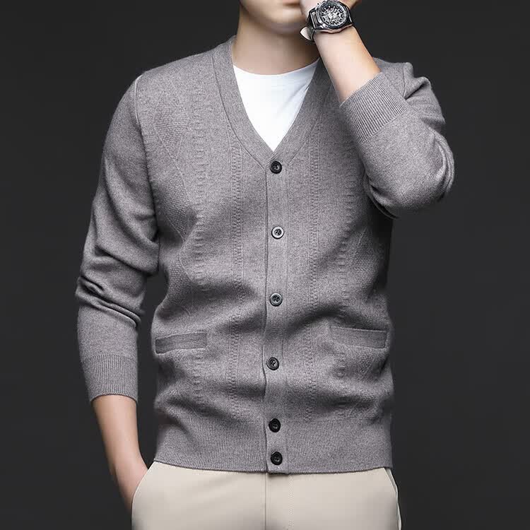 Hengyuanxiang Men's Knitted Cardigan Jacket Autumn Winter Middle-aged Solid Color Long Sleeve V-neck Button Sweater Light Camel L 37