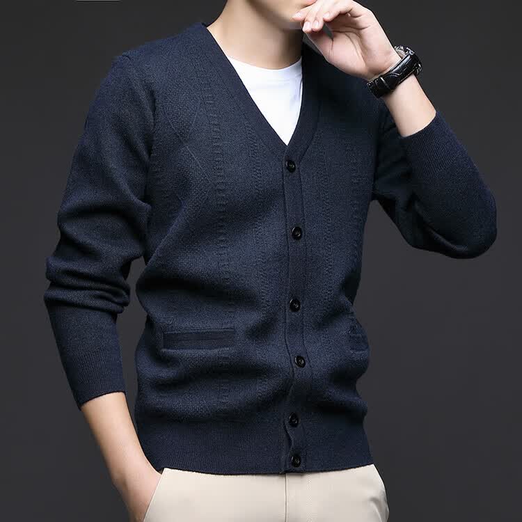 Hengyuanxiang Men's Knitted Cardigan Jacket Autumn Winter Middle-aged Solid Color Long Sleeve V-neck Button Sweater Light Camel L 28