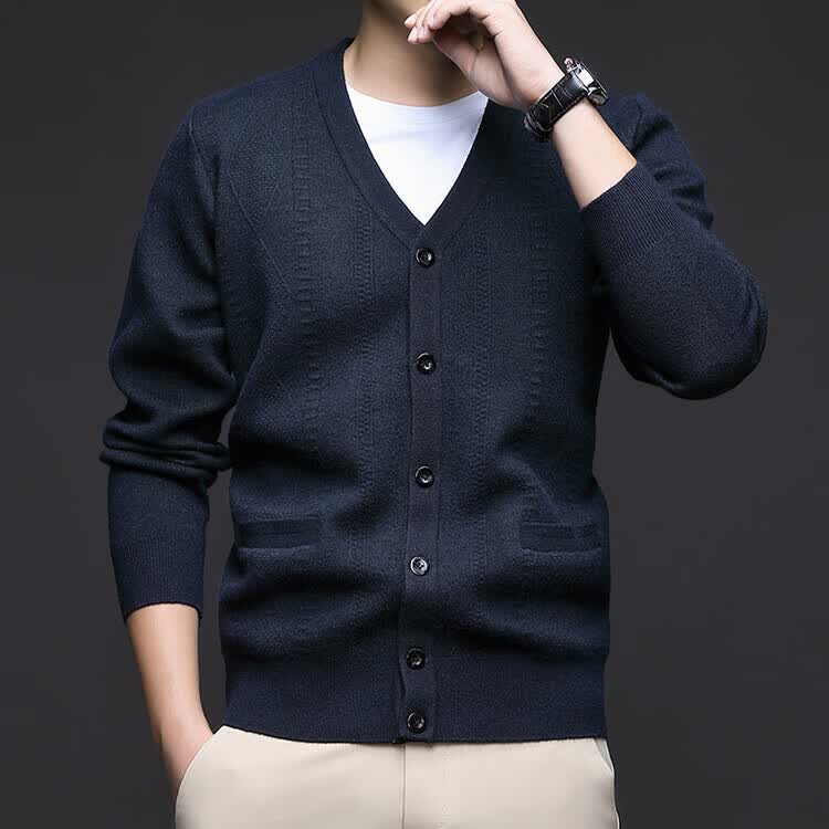 Hengyuanxiang Men's Knitted Cardigan Jacket Autumn Winter Middle-aged Solid Color Long Sleeve V-neck Button Sweater Light Camel L 27