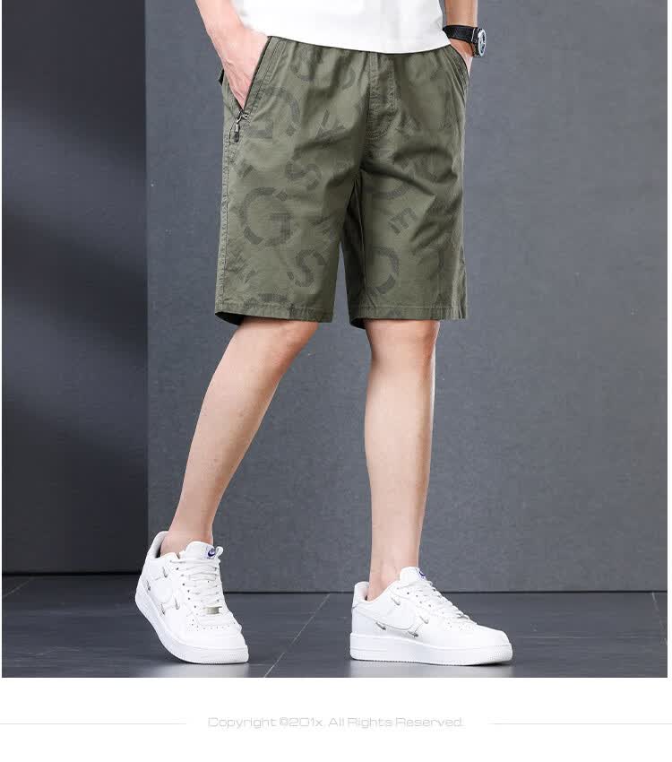 Romon Pure Cotton Casual Men's Shorts Summer Thin Loose Five-Point Printed Trendy Beach Pants Bean Green 4XL 6