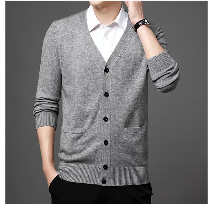 Hengyuanxiang Men's Knitted Cardigan Jacket Middle-aged and Elderly Autumn Winter Plus Size Thick Long Sleeve Sweater Light Gray L 12