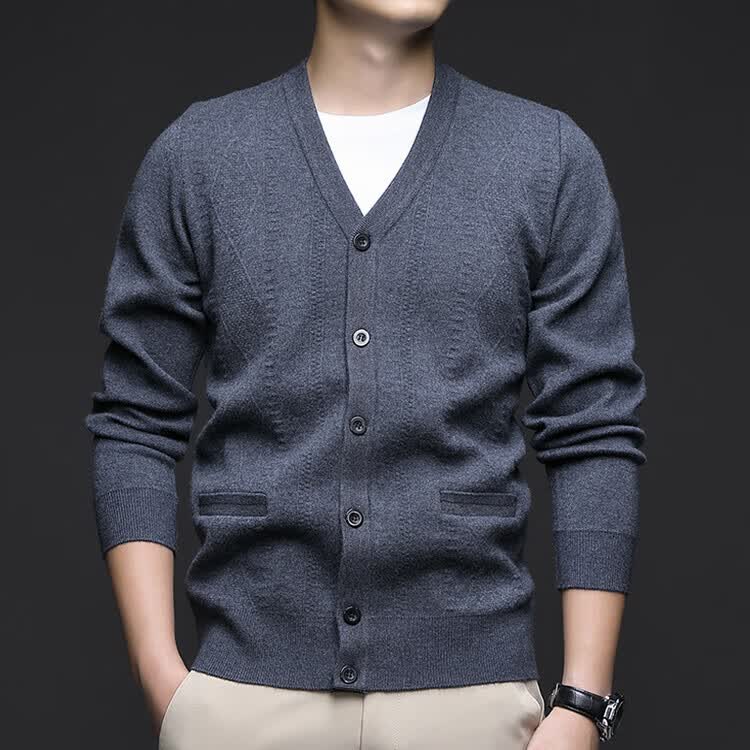 Hengyuanxiang Men's Knitted Cardigan Jacket Autumn Winter Middle-aged Solid Color Long Sleeve V-neck Button Sweater Light Camel L 40