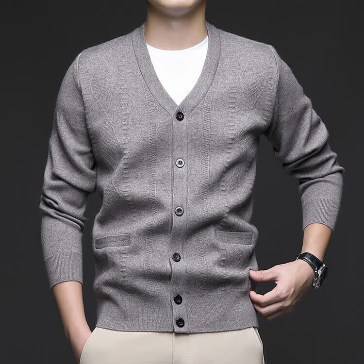 Hengyuanxiang Men's Knitted Cardigan Jacket Autumn Winter Middle-aged Solid Color Long Sleeve V-neck Button Sweater Light Camel L 36