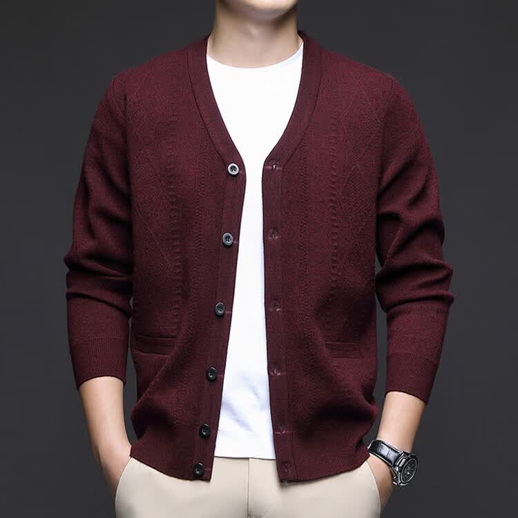 Hengyuanxiang Men's Knitted Cardigan Jacket Autumn Winter Middle-aged Solid Color Long Sleeve V-neck Button Sweater Light Camel L 32