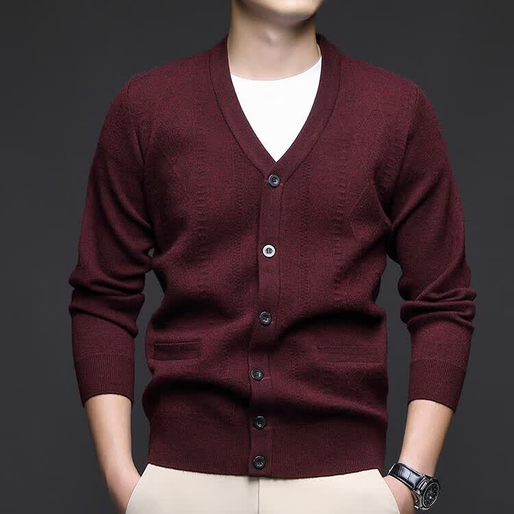 Hengyuanxiang Men's Knitted Cardigan Jacket Autumn Winter Middle-aged Solid Color Long Sleeve V-neck Button Sweater Light Camel L 30