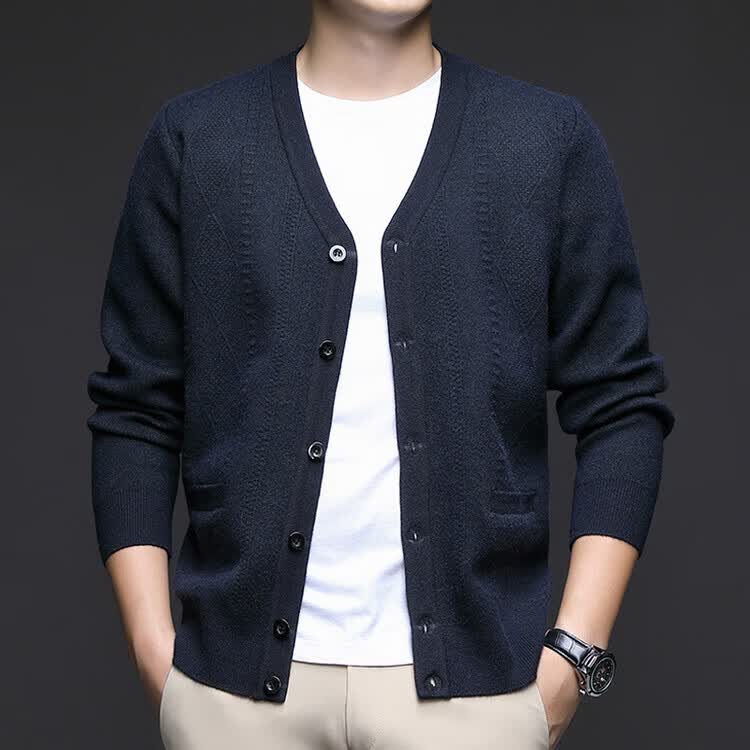 Hengyuanxiang Men's Knitted Cardigan Jacket Autumn Winter Middle-aged Solid Color Long Sleeve V-neck Button Sweater Light Camel L 29