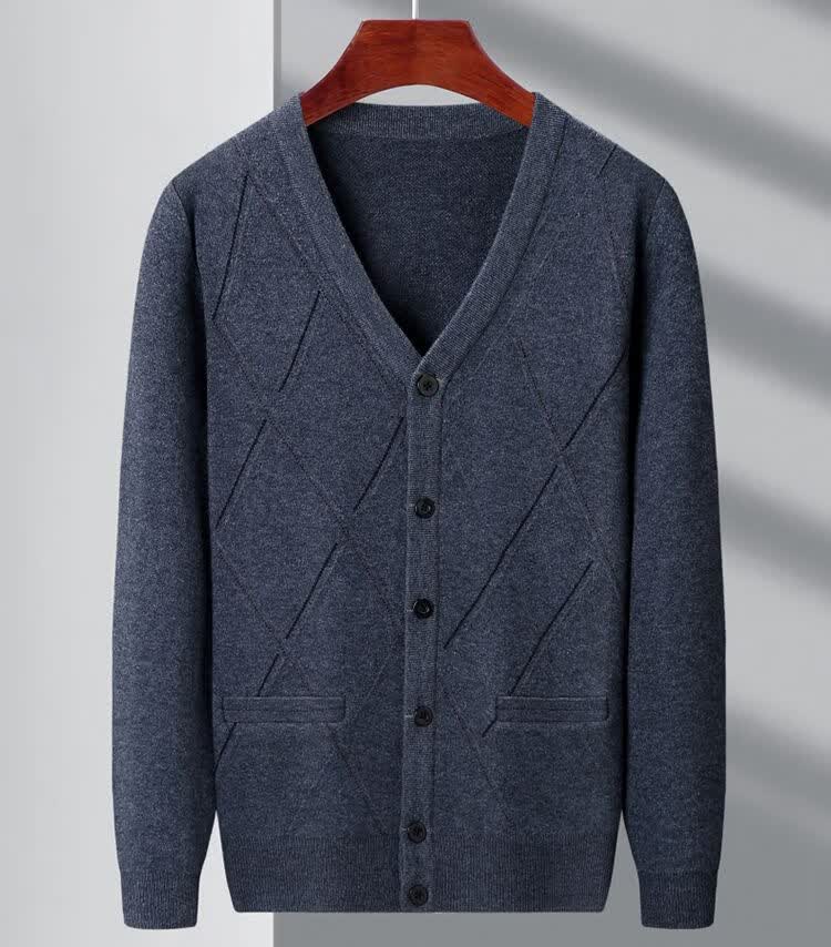 Hengyuanxiang Men's Knitted V-Neck Cardigan Loose Casual Knit Base Shirt for Middle-aged and Elderly Dad Wear Camel L 17