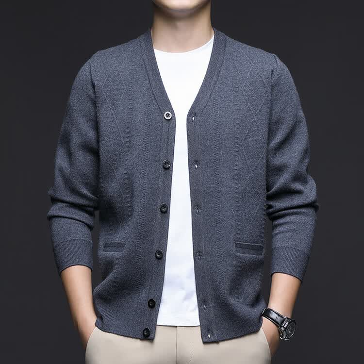 Hengyuanxiang Men's Knitted Cardigan Jacket Autumn Winter Middle-aged Solid Color Long Sleeve V-neck Button Sweater Light Camel L 42