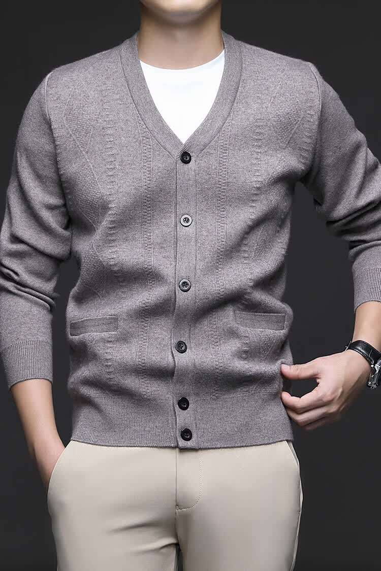 Hengyuanxiang Men's Knitted Cardigan Jacket Autumn Winter Middle-aged Solid Color Long Sleeve V-neck Button Sweater Light Camel L 25