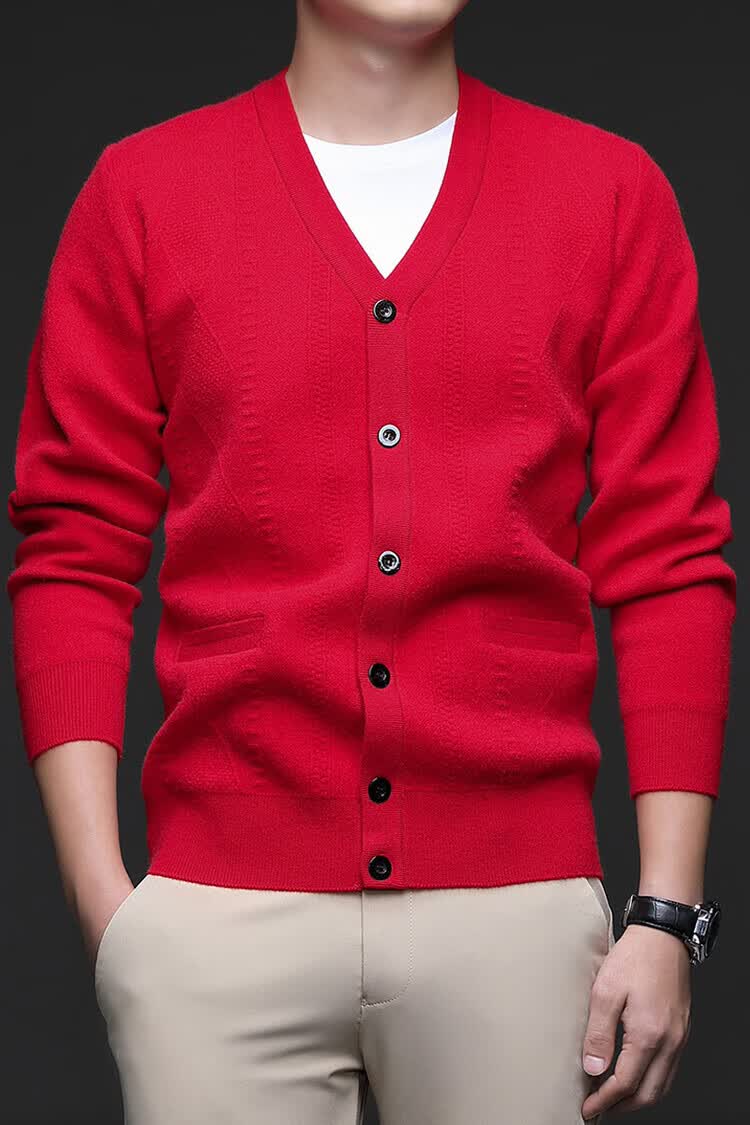 Hengyuanxiang Men's Knitted Cardigan Jacket Autumn Winter Middle-aged Solid Color Long Sleeve V-neck Button Sweater Light Camel L 24