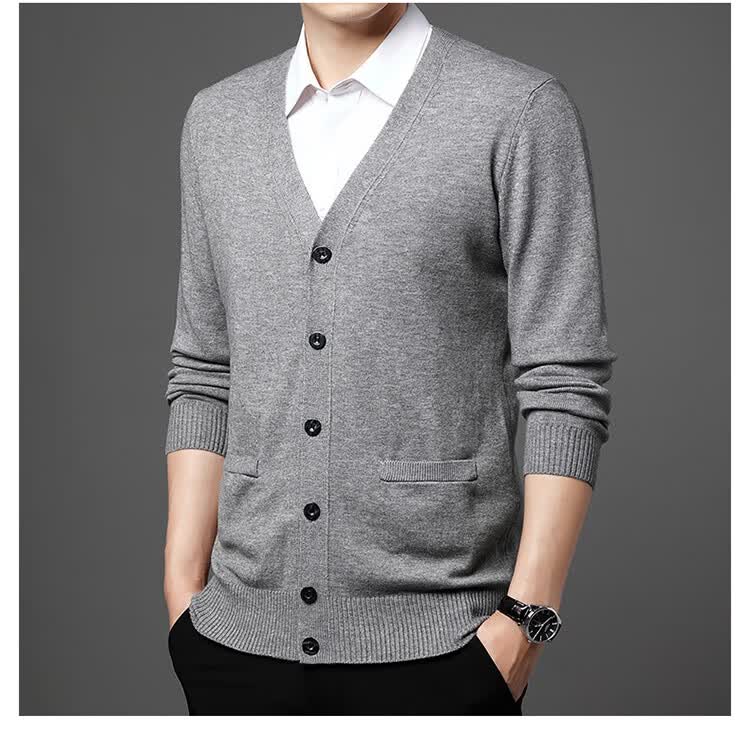 Hengyuanxiang Men's Knitted Cardigan Jacket Middle-aged and Elderly Autumn Winter Plus Size Thick Long Sleeve Sweater Light Gray L 13