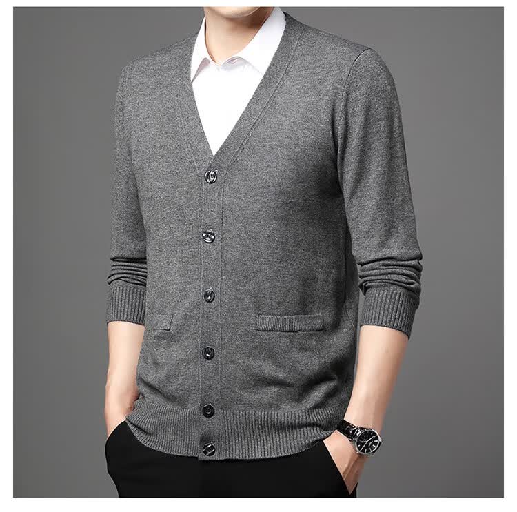 Hengyuanxiang Men's Knitted Cardigan Jacket Middle-aged and Elderly Autumn Winter Plus Size Thick Long Sleeve Sweater Light Gray L 11