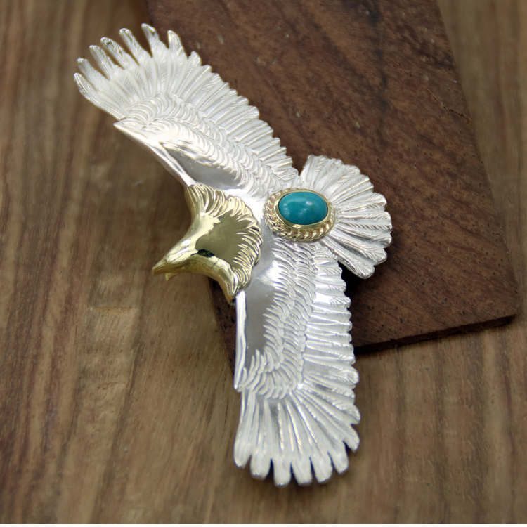 凡丘珠宝 银goros手工复刻高桥吾郎goros镶松石金绳老鹰金头大鹰吊坠