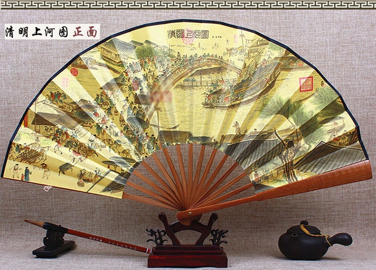 丝绸大绢布古风折扇杭州中国风手工艺礼品男古典折叠扇子夏天 黄面