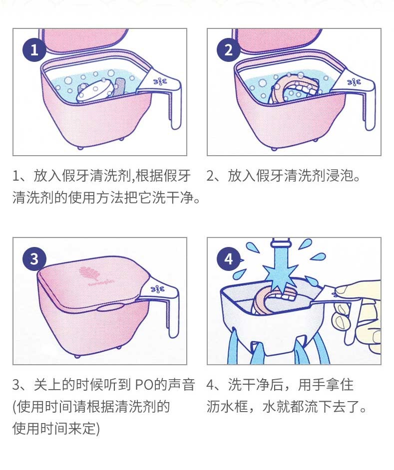 日本进口假牙清洗盒储牙盒牙套义齿保持器沥水盒全半口假牙清洁盒粉色