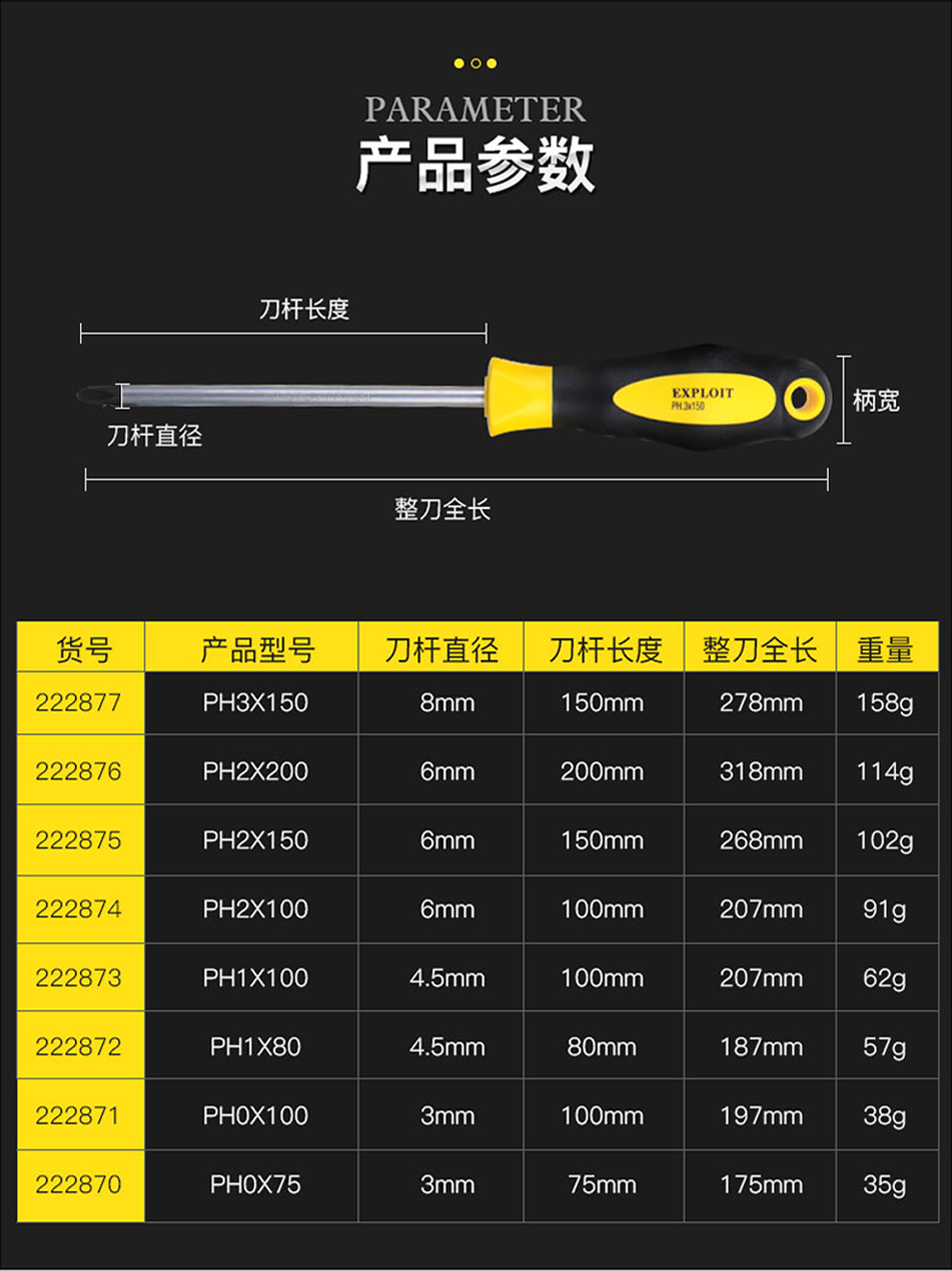 开拓exploitph0ph3台湾制造十字螺丝刀起子改锥222870ph2x150mm
