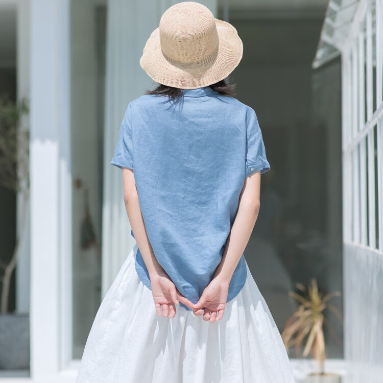 子陌zimo 新款文艺百搭修身款纯亚麻衬衫女 湖蓝色 s