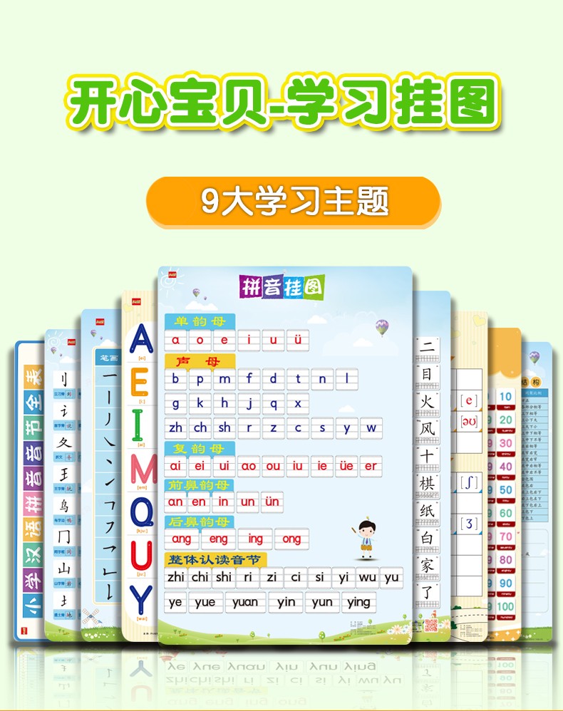 拼音启蒙学习数字100识字认字字母蔬菜水果036岁婴幼儿拼音挂图四线版