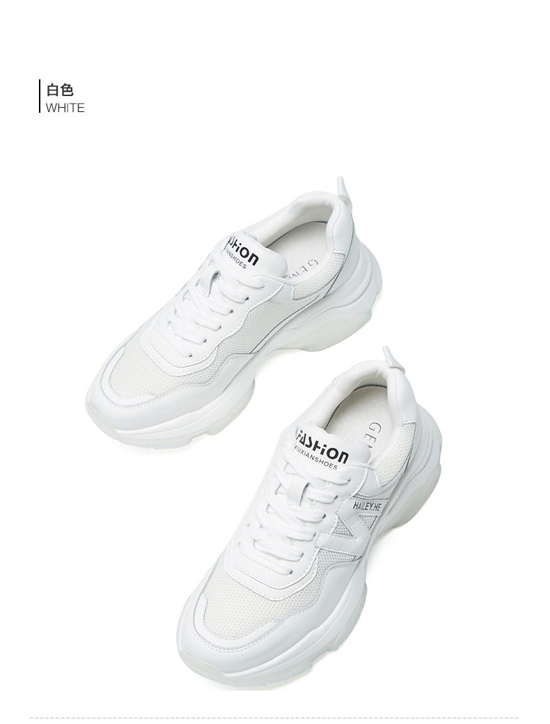 复-戈美其真皮厚底松糕小白鞋女2019秋季新款网纱透气休闲运动老爹鞋