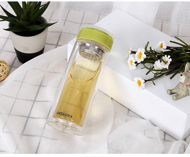 乐扣乐扣locknlock双层耐热玻璃杯简纯304茶网水杯子abs杯盖茶杯300ml