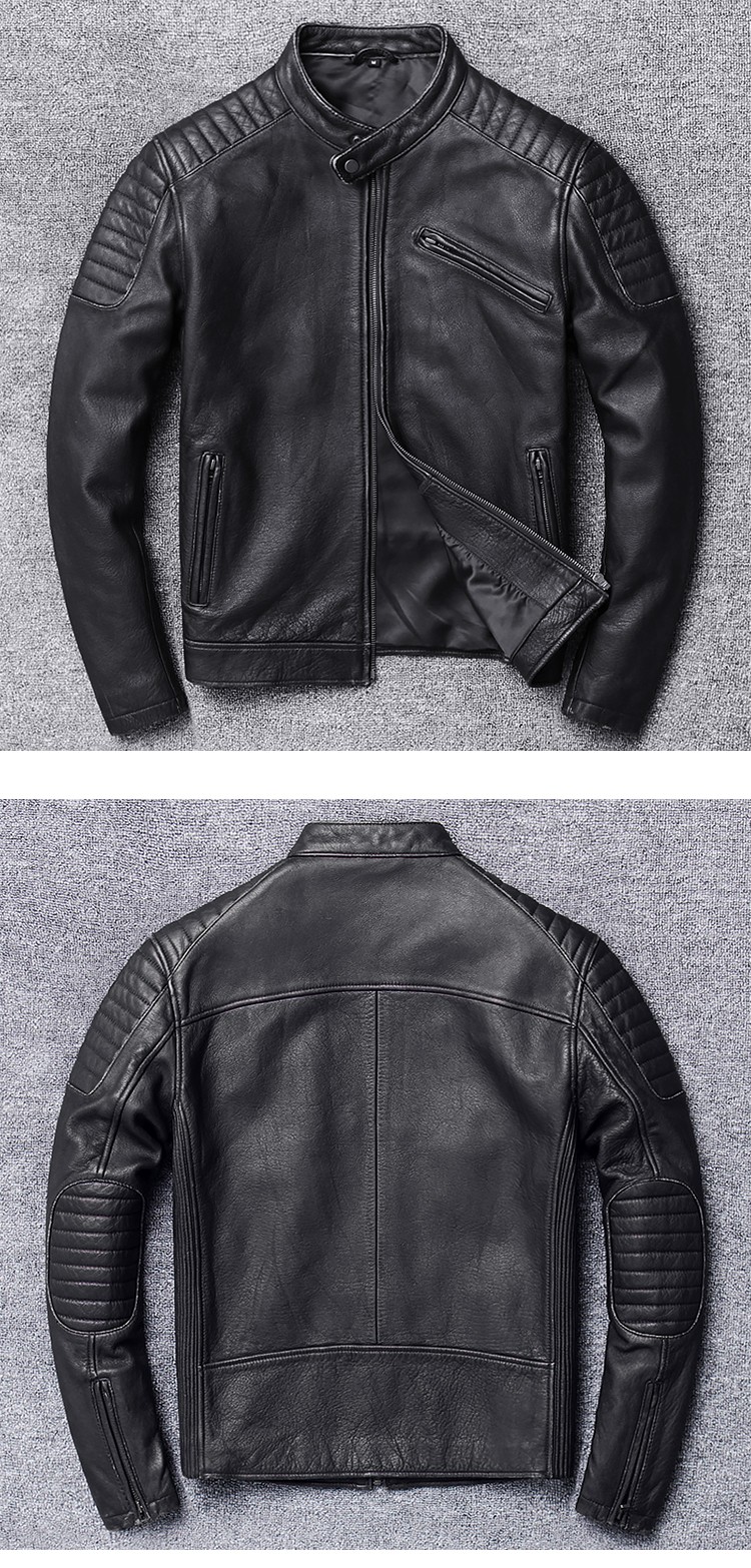 华雷立国2019新款牛皮皮衣修身立领皮夹克真皮皮衣男机车服皮衣短款