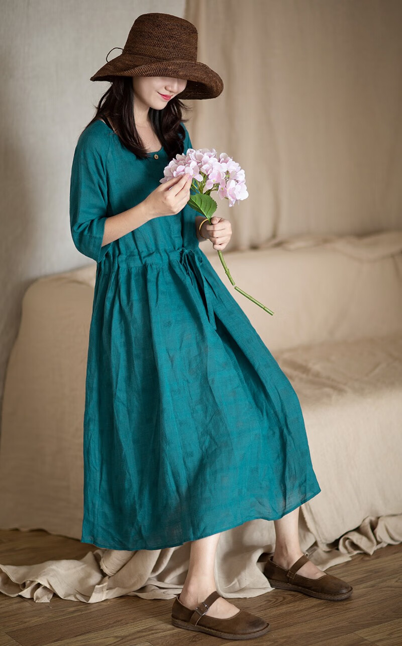 如素慢衣苎麻复古文艺简约七分袖系带连衣裙女夏18131w 蓝色 s