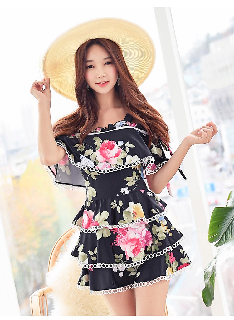 女士泳衣 柯帛(kebo) 泳衣女一字肩保守连体时尚显瘦遮肚裙式泡温泉款