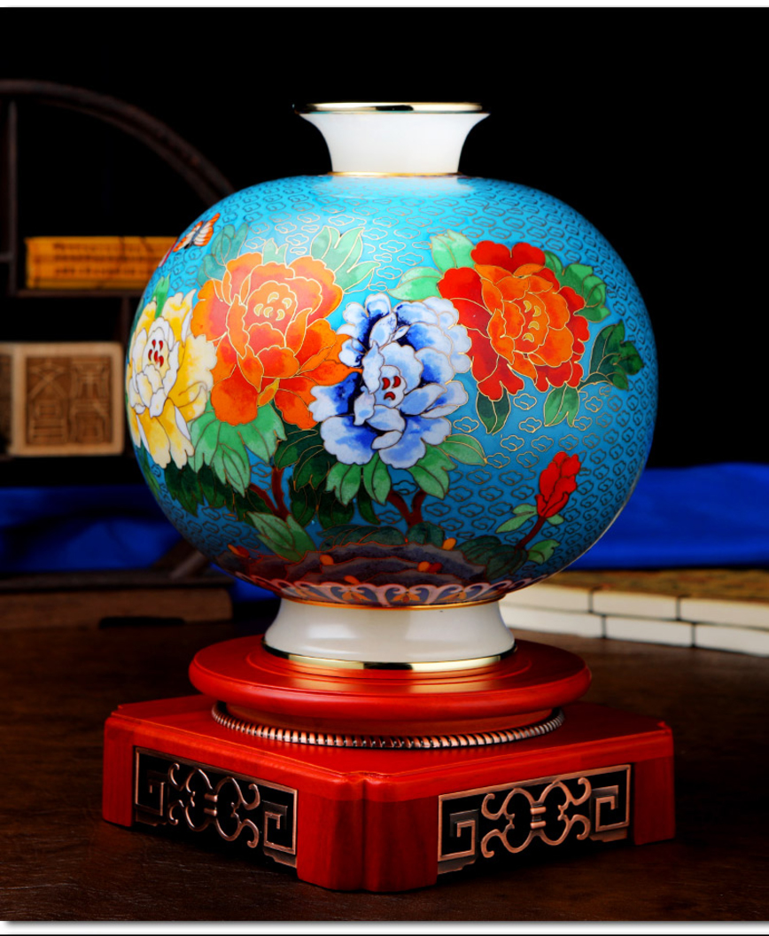 景泰蓝镶玉吉祥圆满富贵来花瓶北京正宗老货铜胎掐丝客厅摆件 乔迁
