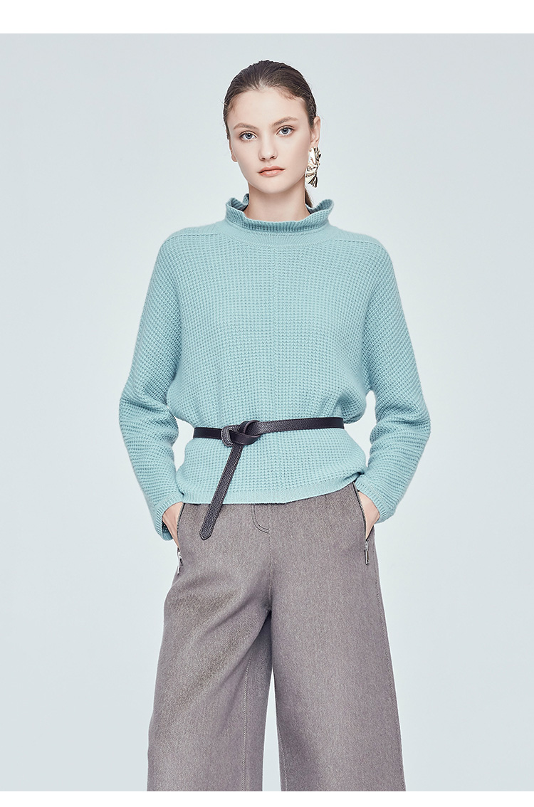 100%纯羊绒衫女荷叶领宽松加厚女毛衣针织套衫82255 哥窑粉青色430 95