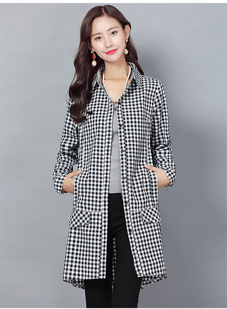 羊城衣族2018新款长袖格子衬衫女中长款韩版纯棉打底衫衬衣女中长款