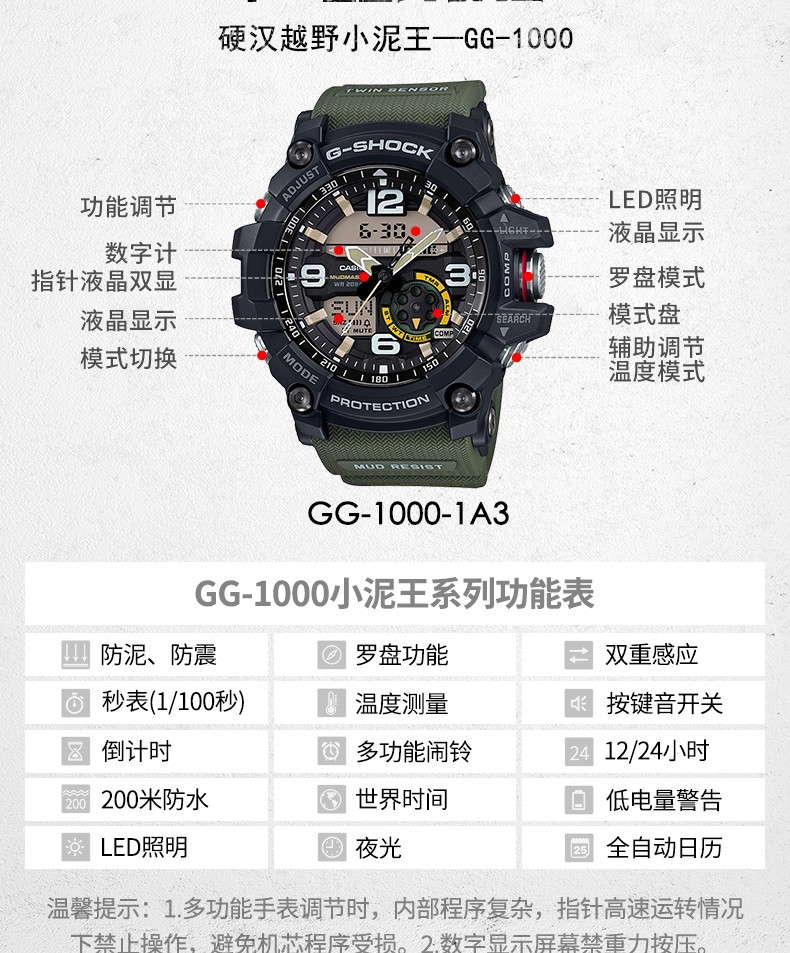 卡西欧casio男表gshock小泥王运动手表多功能夜光防水大表盘男士电子