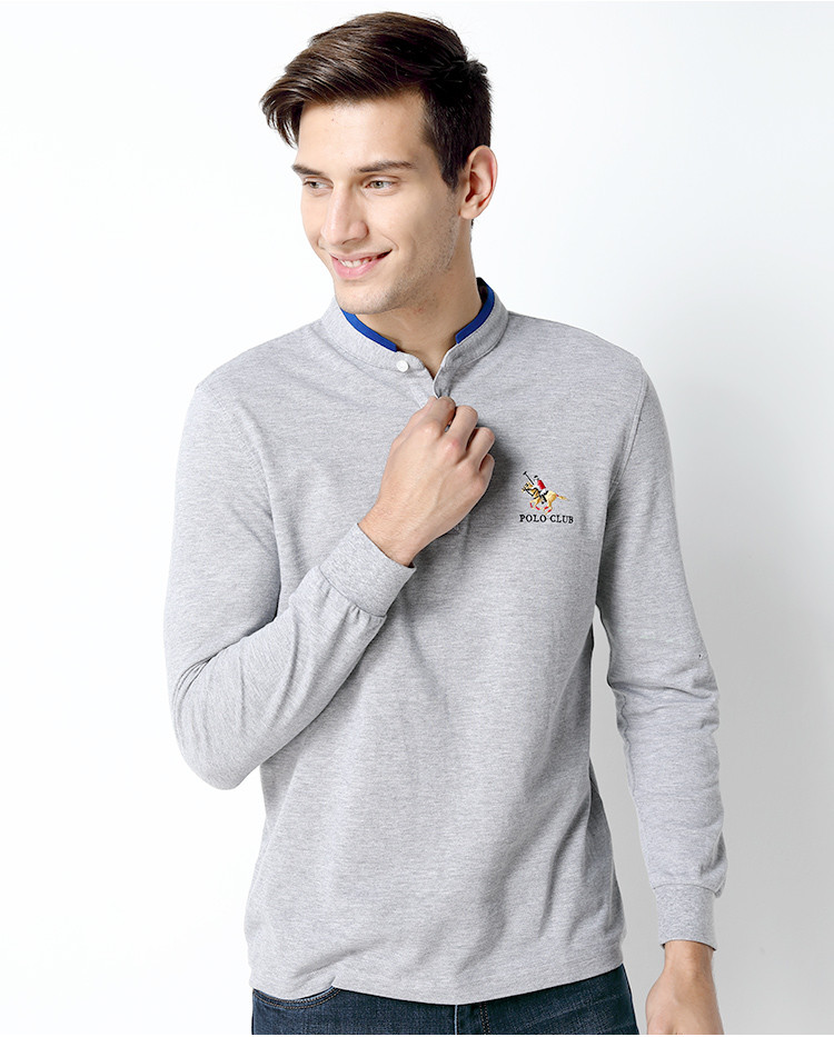 莱恩雷迪lienridy 全棉撞色小立领净色刺绣长袖男士t恤 灰色 56