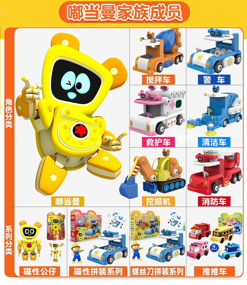 嘟当曼玩具磁性手动拼装机器人消防警车变形儿童男孩 螺丝刀拼装-清洁