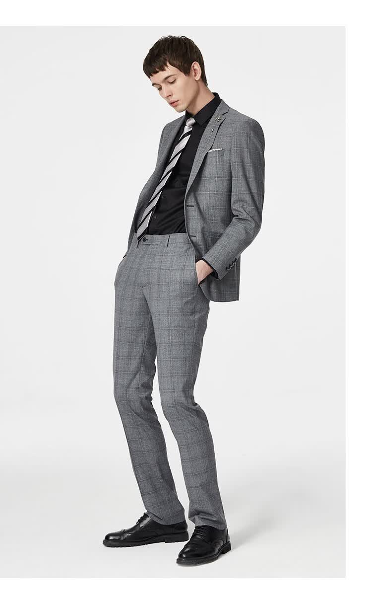 套装男 含桑蚕丝绵羊毛面料 男士商务休闲礼服正装婚礼伴郎服 灰色