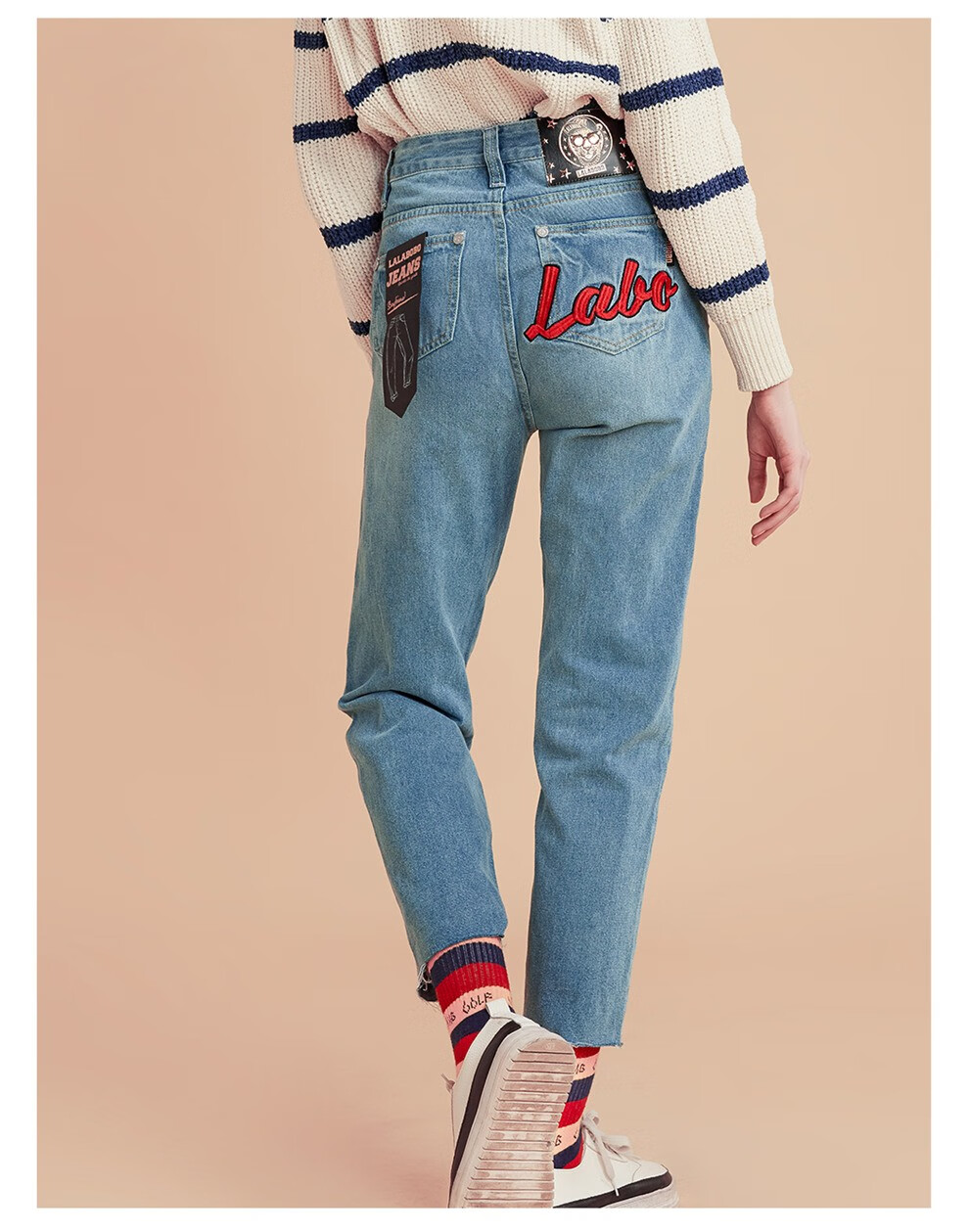 字母印花牛仔裤女直筒弹力牛仔长裤|l19a-wxnc14商场同款 中蓝白 24码