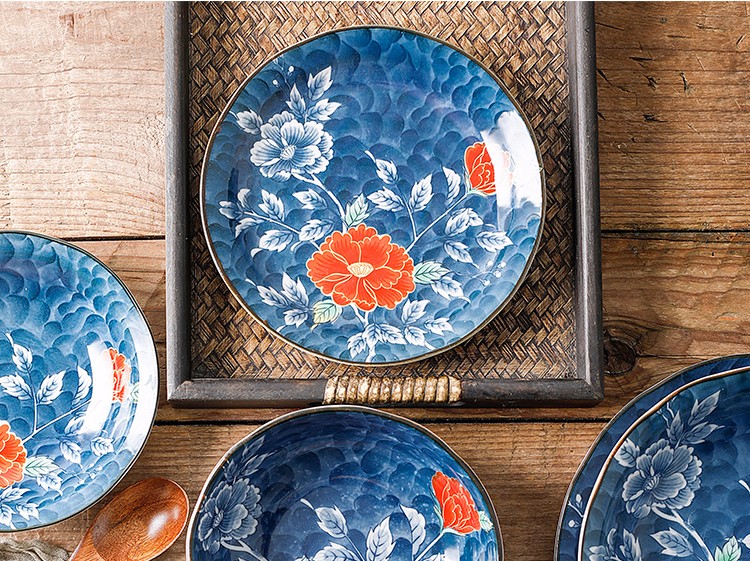 爱悦烧日本进口锦红牡丹盘钵饭碗日式和风宫廷风陶瓷碗碟家用餐具 锦