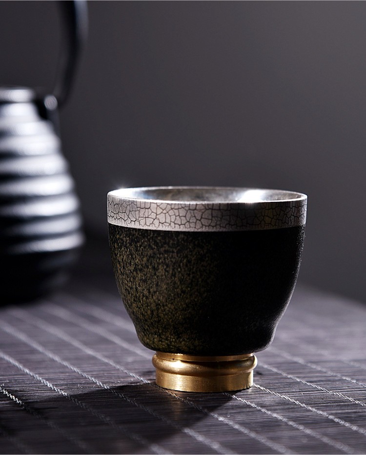 夏茗堂鎏银建盏单杯999纯银杯鎏银茶杯主人杯功夫银茶具手工镶银陶瓷