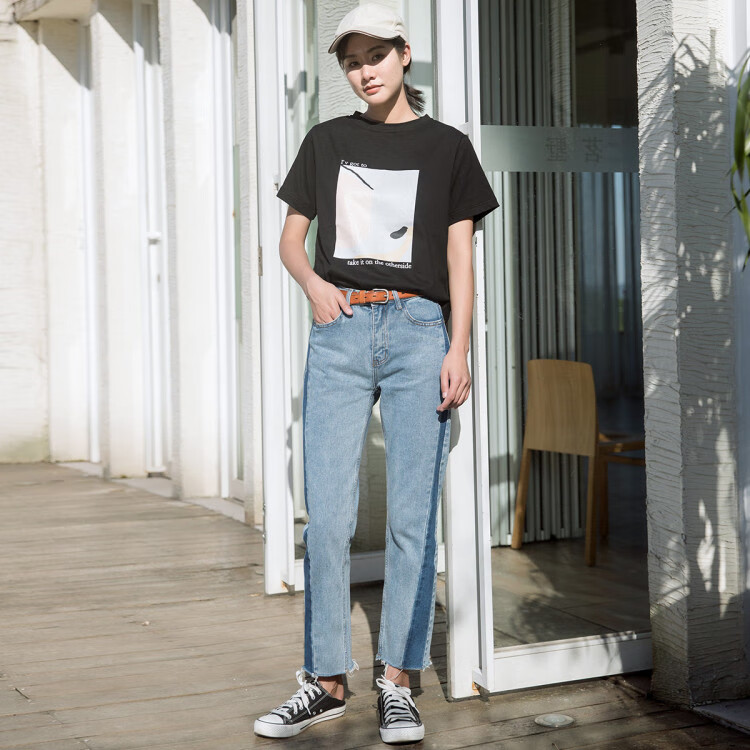 子陌zimo 夏装新款印花几何图形短袖t恤 黑色 m