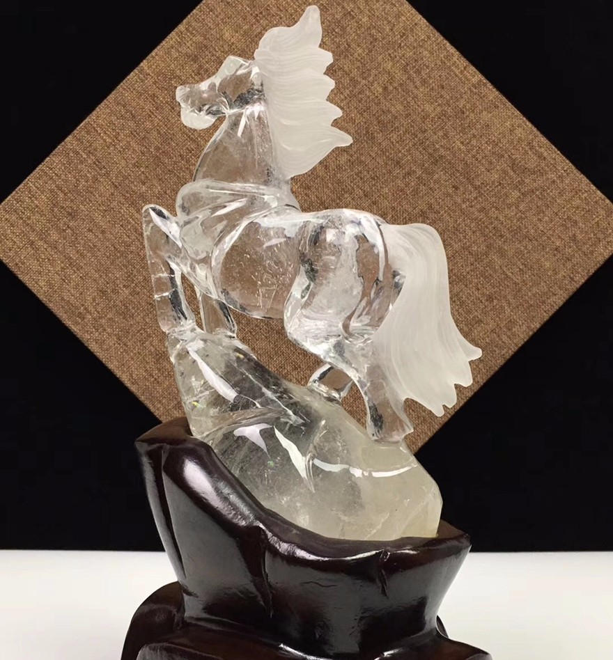 俊辰珠宝天然白水晶摆件马雕工精细晶体通透马到成功家居办公风水摆件