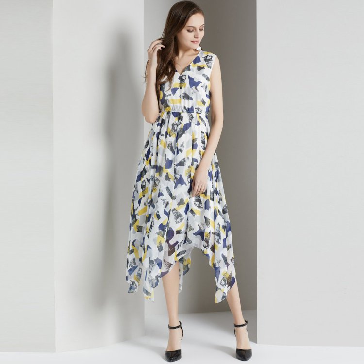 粉蓝衣橱 不规则印花v领夏季连衣裙 茉莉黄 xl