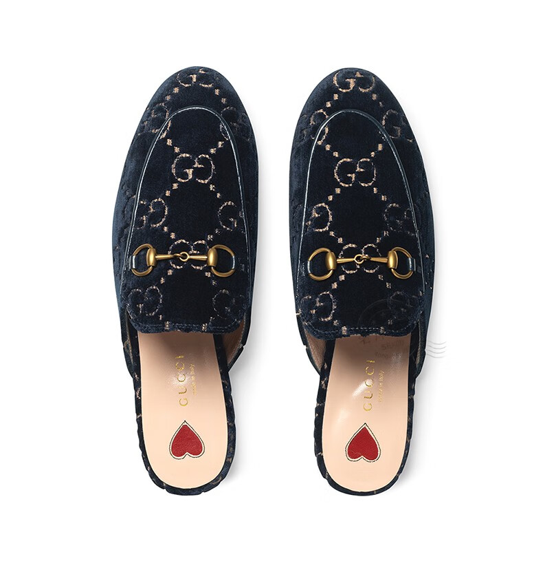 gucci古驰女鞋绒面gg印花马衔扣平底穆勒拖鞋 蓝色475094 jt20 4280