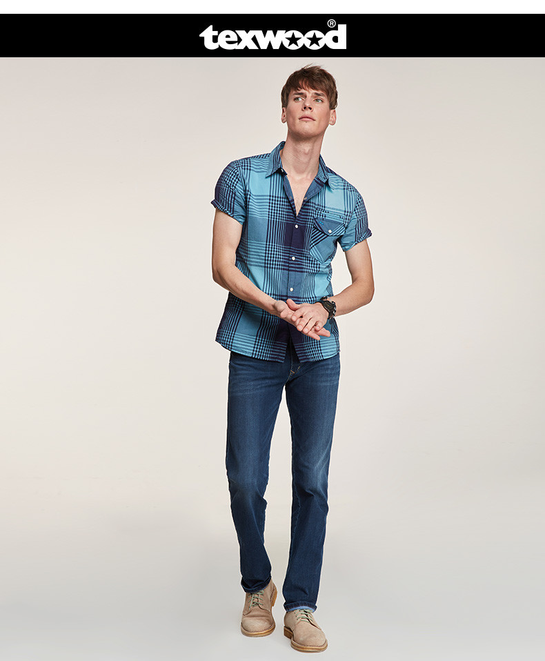 texwood男装牛仔裤新品毛须水洗直脚长裤a9019188 蓝色 32/30