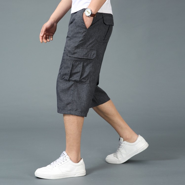 夏季新款男士棉麻中裤户外休闲裤加肥加大码七分裤运动裤男装多袋中裤