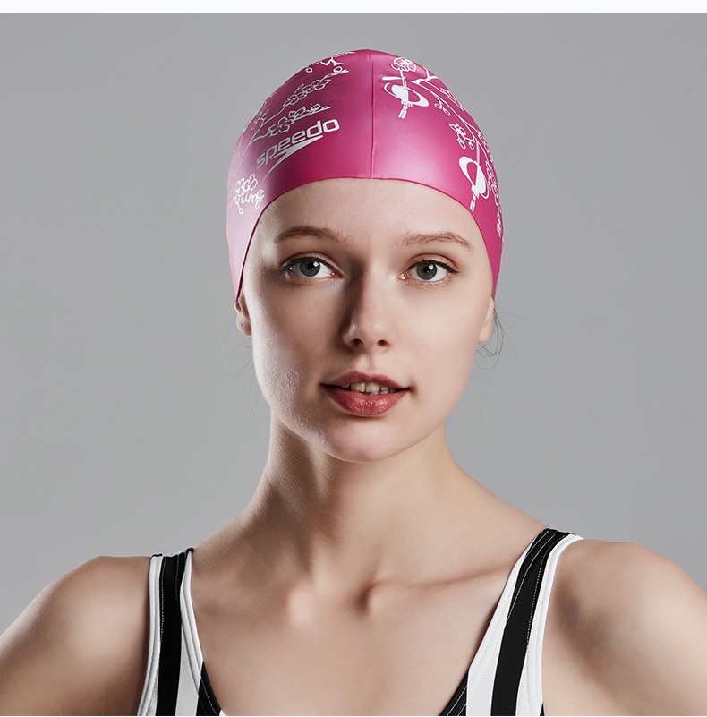 speedo速比涛硅胶泳帽新款时尚印花长发大码舒适不勒头男女防水游泳帽