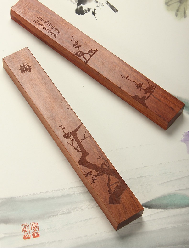 手捞坊实木镇尺雕刻梅兰竹菊图案书镇尺镇纸文房四宝书法用品写毛笔字