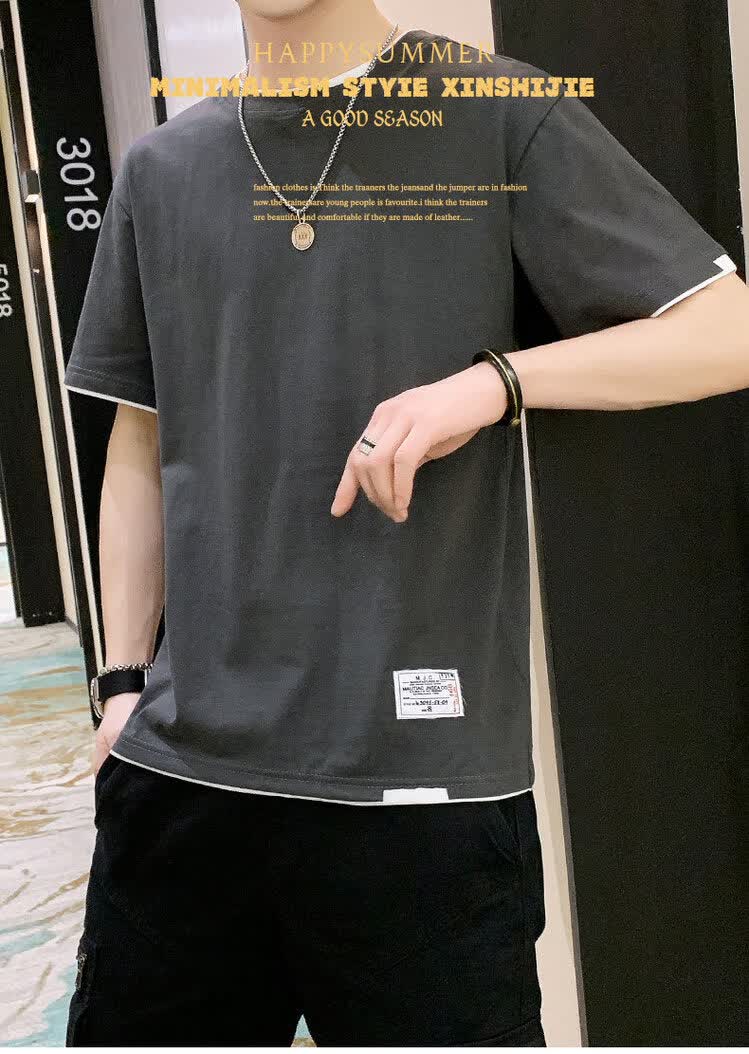 JEEP SPIRIT Classic Two-in-One Style Short Sleeve Men's Cotton T-Shirt Dark Gray 3XL 22