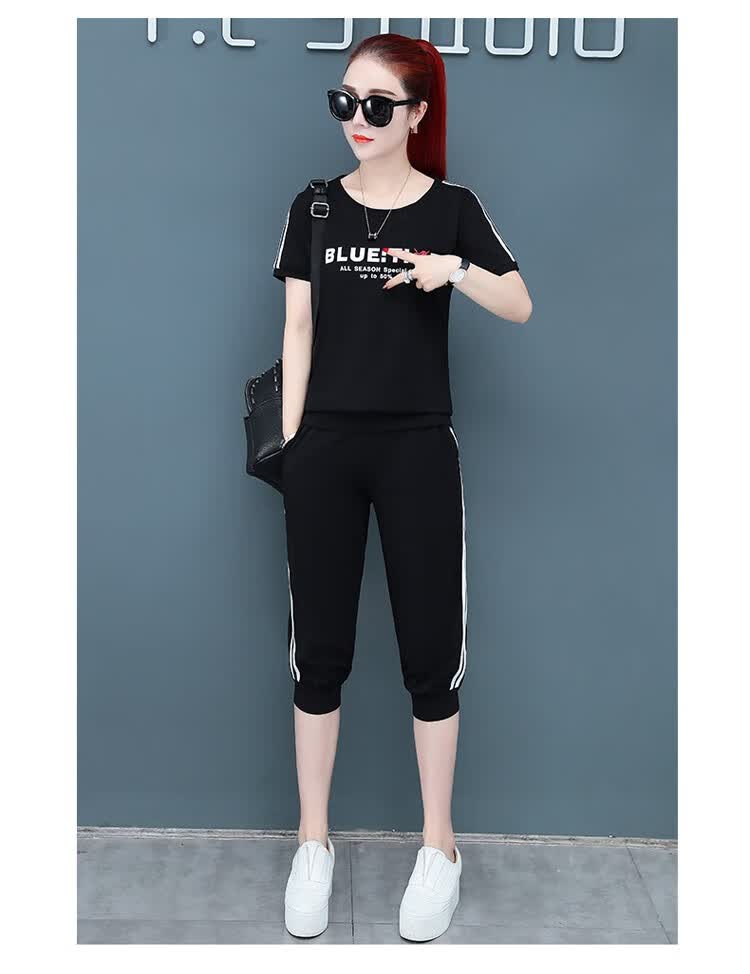 女装大码夏季休闲运动套装 运动服修身显瘦短袖七分裤套装 大码夏装
